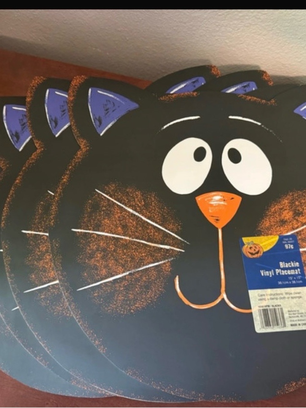 Black Brand Halloween Cat Vinyl Placemat - Black & Purple Accents set of 4